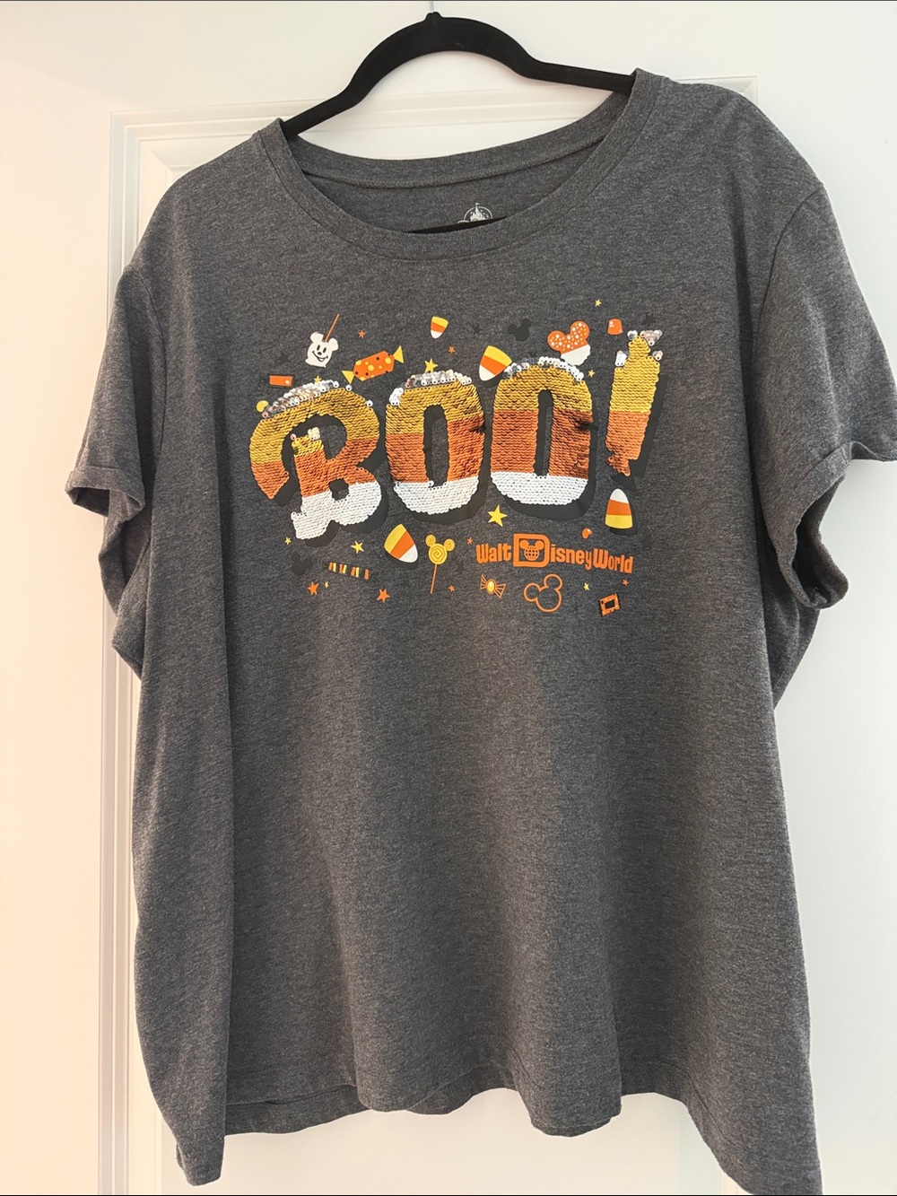 Disney Gray 'BOO!' Halloween Short Sleeve Tee with Orange & Yellow Graphic